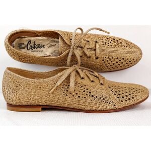 Castañer Gold Knit Oxford Flats 6 B Metallic Crochet Lace Up Made in Spain Boho